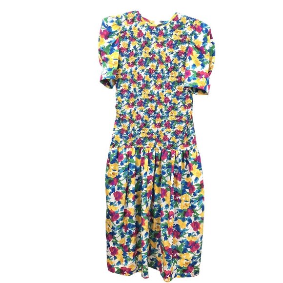 Vintage Plaza South Floral Puff Sleeve Smocked Drop Waist Midi Dress Size 8 - Picture 1 of 14